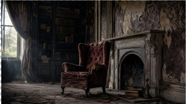 Crumbling gothic estate evoking the dark academia horror atmosphere of E.L. Ravenheart's fiction