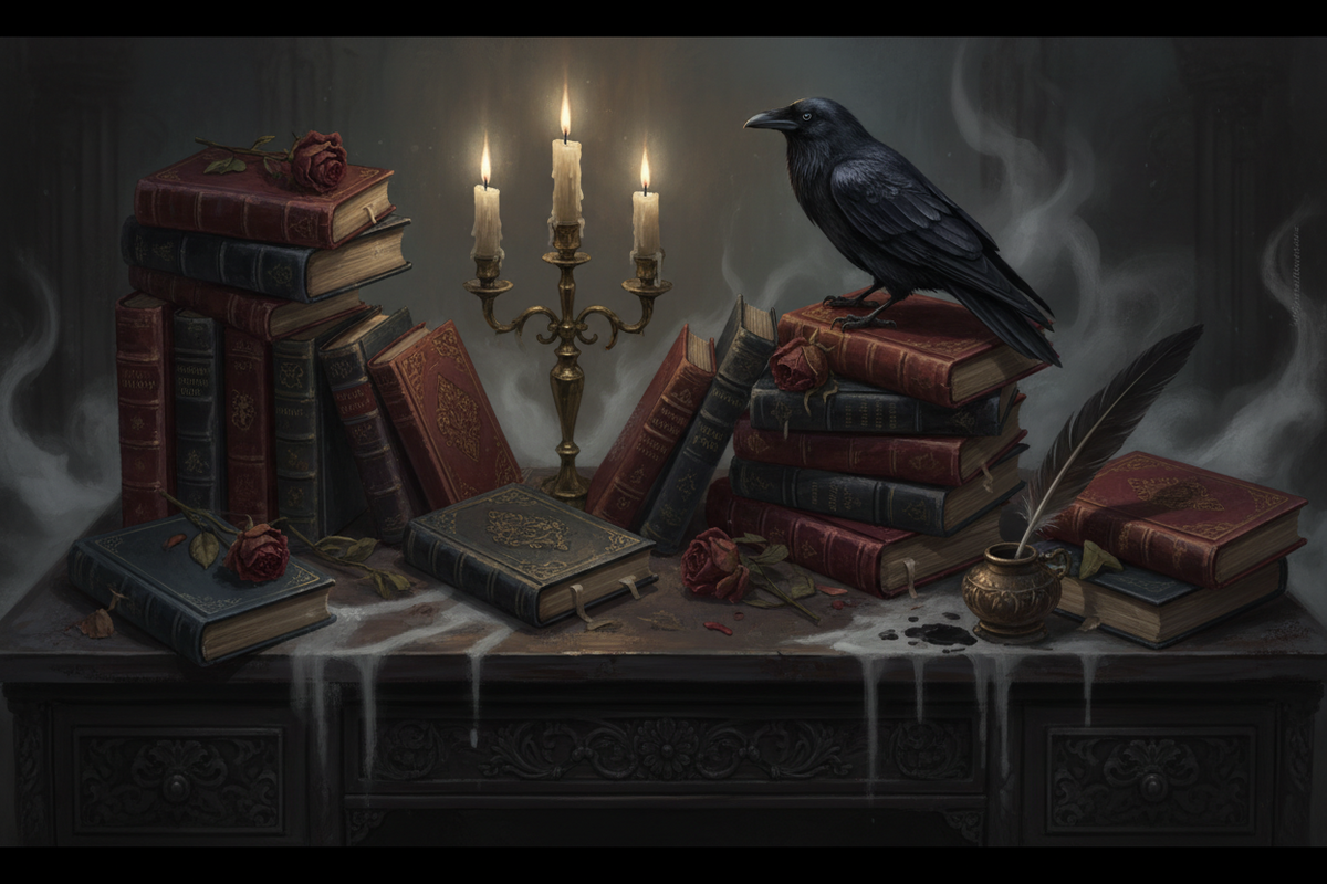 Atmospheric gothic horror book illustration representing dread and melancholy over gore